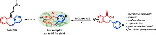 Iron(II) promoted direct synthesis of dibenzo[b,e]oxepin-11(6H)-one derivatives with biological activity. A short synthesis of doxepin