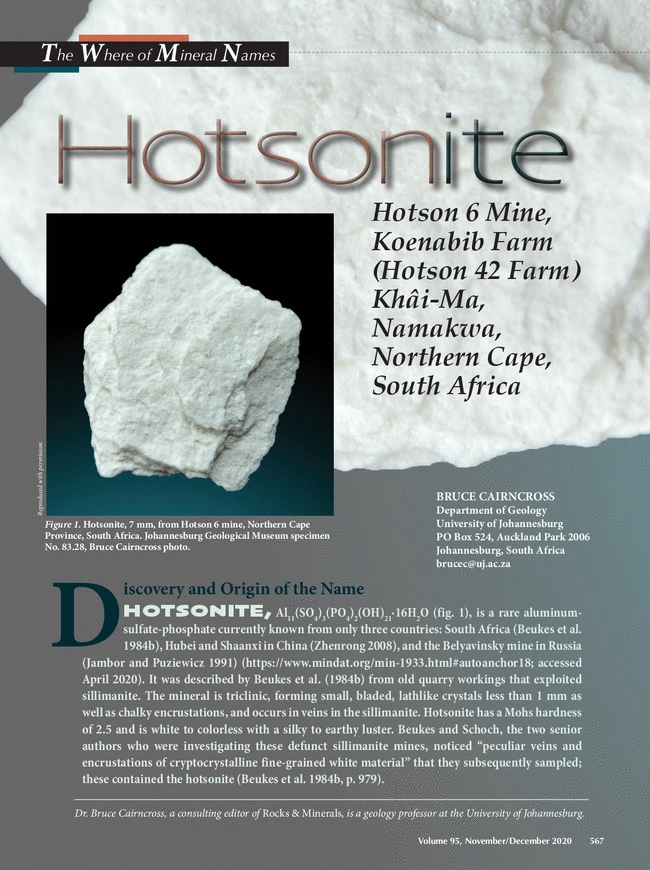 The Where of Mineral Names: Hotsonite, Hotson 6 Mine, Koenabib Farm