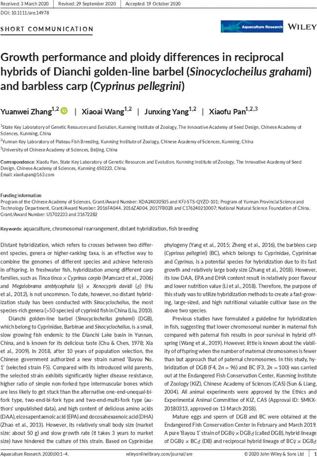 Growth performance and ploidy differences in reciprocal hybrids of Dianchi golden‐line barbel (Sinocyclocheilus grahami) and barbless carp (Cyprinus pellegrini)