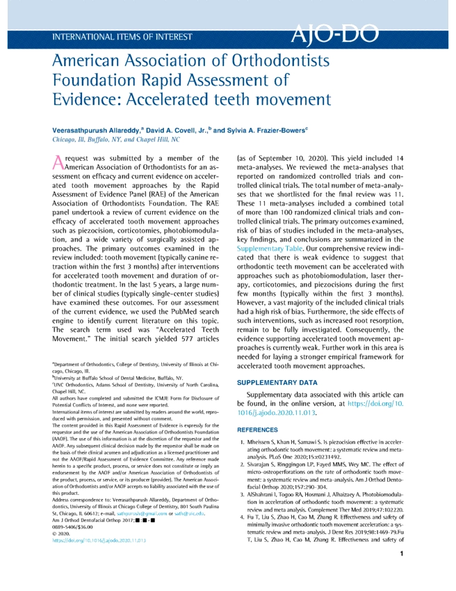 American Association of Orthodontists Foundation Rapid Assessment of Evidence: Accelerated teeth movement